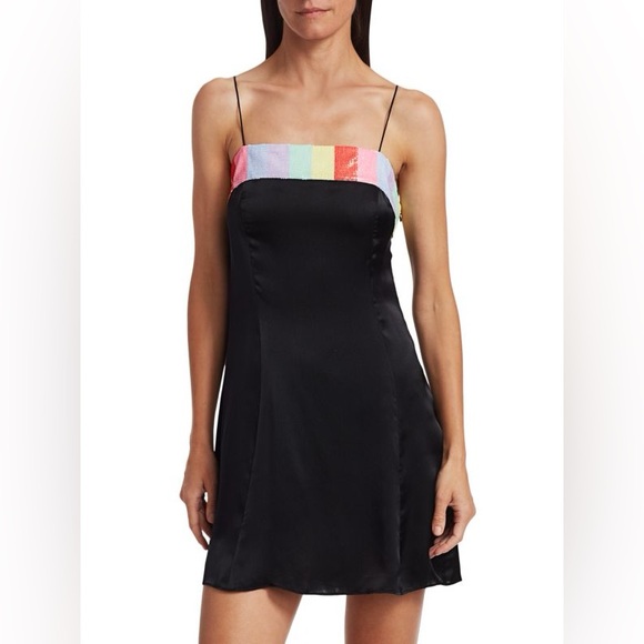 Olivia Rubin Lettie Rainbow Sequin Bow Black Satin Mini Dress Size 10 - Picture 1 of 8